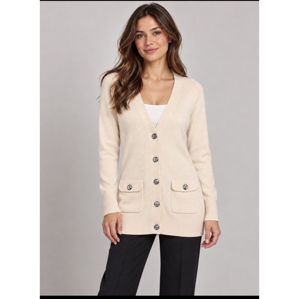 Pure Collection 100% Cashmere Cardigan Sweater Womens US 6 Beige Long V Neck